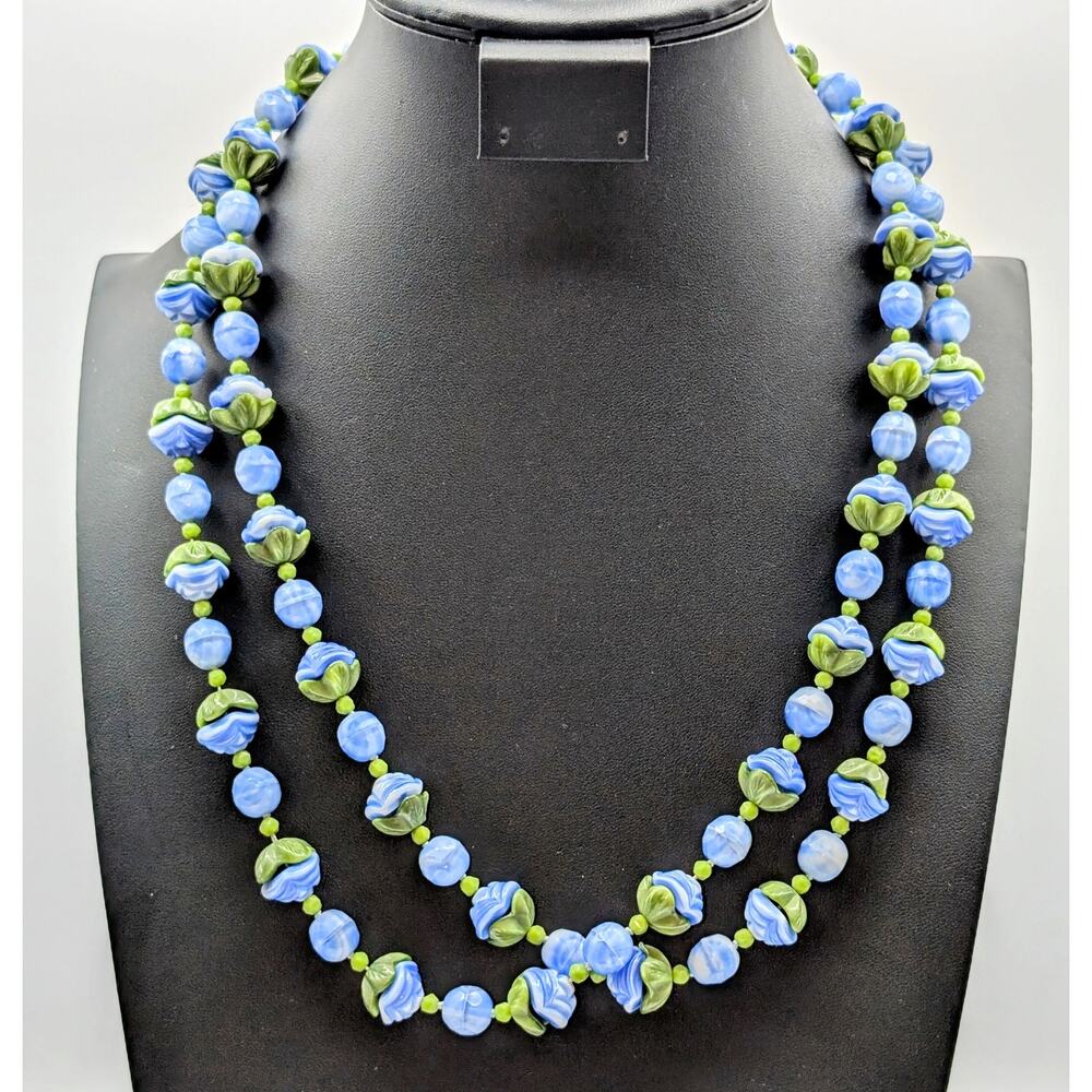 Vintage Art Deco Blue Green Slag Glass Flower Bead Long 50" Necklace